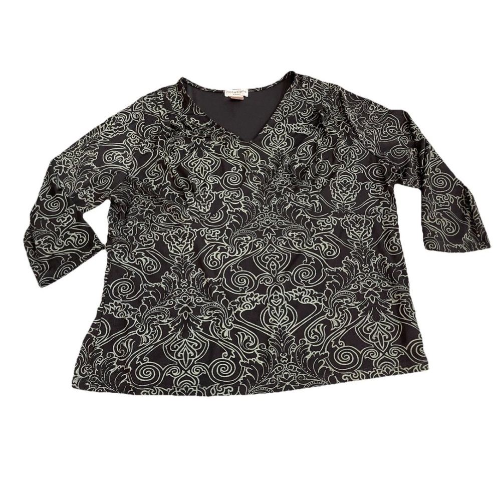Notations‎ woman 2X pullover nylon rayon stretch black green scroll floral top